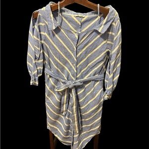 Maje Blue and Yellow linen Striped Midi Shirt Dress with Tie Waist size S